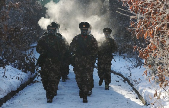 Chinese soldiers take part in a training exercise in temperatures below minus 30 degrees Celsius.