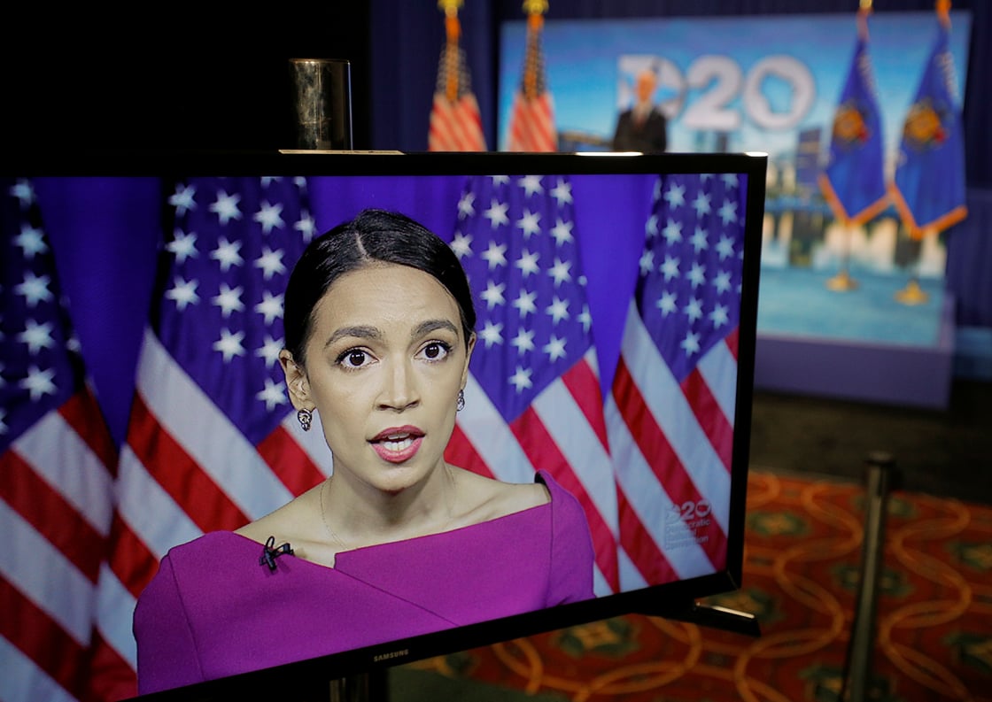 U.S. Rep. Alexandria Ocasio-Cortez (D-NY) addresses the second night of the virtual 2020 Democratic National Convention as she seconds the nomination of U.S. Senator Bernie Sanders via avideo feed as seen at te convention's hosting site in Milwaukee, Wisconsin, U.S. August 18, 2020. REUTERS/Brian Snyder/Pool