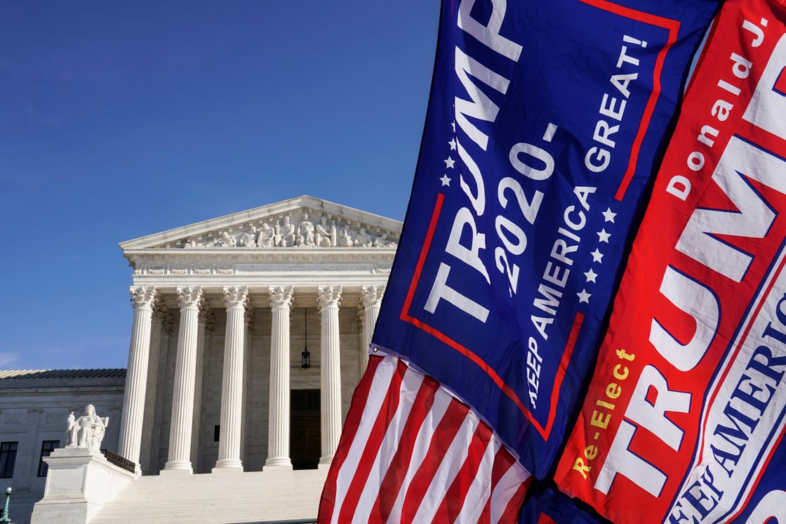 Supporters of U.S. President Donald Trump wave a flag at the Supreme Court as the court reviews a lawsuit filed by Texas seeking to undo President-elect Joe Biden's election victory in Washington, U.S., December 11, 2020. REUTERS/Joshua Roberts