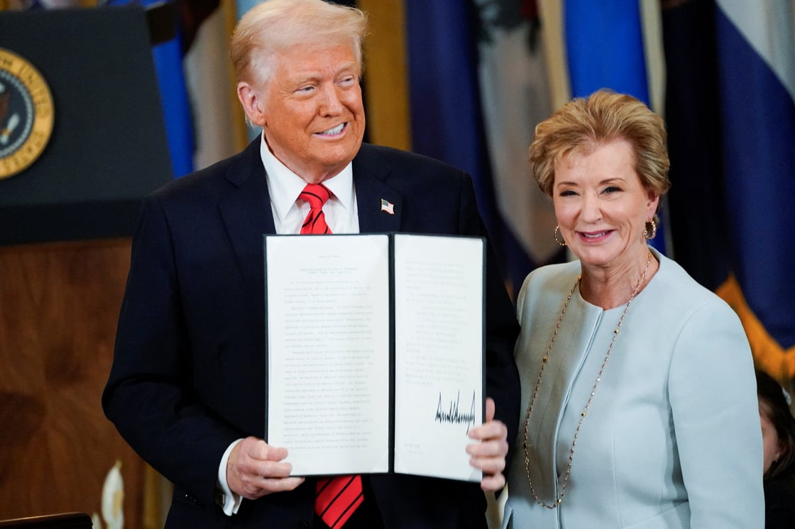 U.S. President Donald Trump reacts next to U.S. Secretary of Education Linda McMahon as he shows the executive order to shut down the Department of Education, in the East Room at the White House in Washington, D.C., U.S., March 20, 2025. REUTERS/Nathan Howard