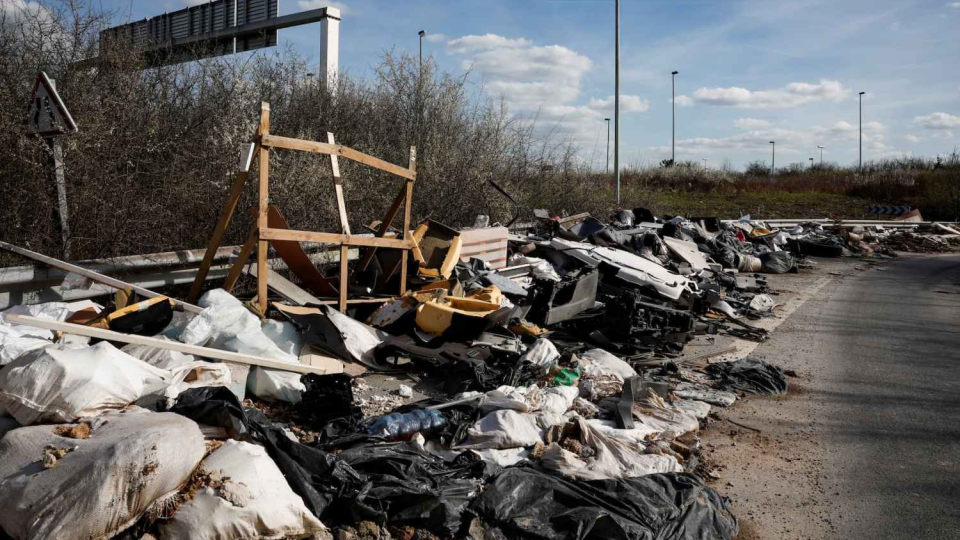 450 tonnes of waste are piled up on a slip road of the A104 motorway, close to a site of the Paris 2024 Olympic and Paralympic Games, in Villepinte, near Paris, France