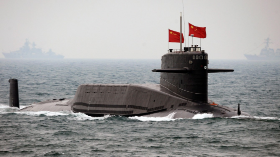 A Chinese Navy nuclear submarine takes part in an international fleet review