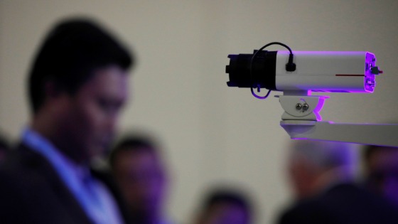 A Huawei surveillance camera is pictured at their booth at Interpol World in Singapore