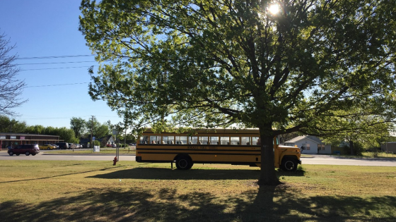 A Newcastle Public Schools bus is seen parked in Newcastle, Oklahoma