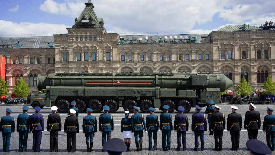 A Russian Yars intercontinental ballistic missile system drives during a military parade on Victory Day in Moscow