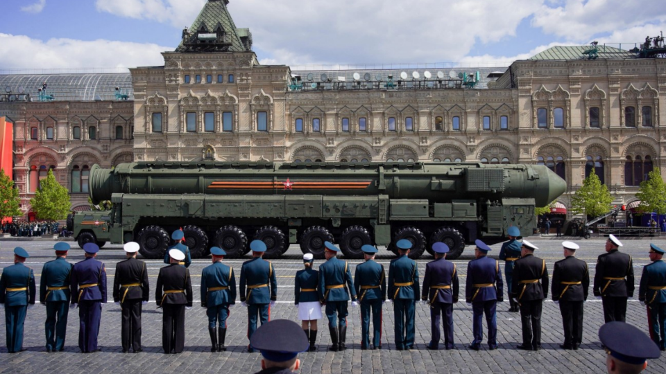 A Russian Yars intercontinental ballistic missile system drives during a military parade on Victory Day