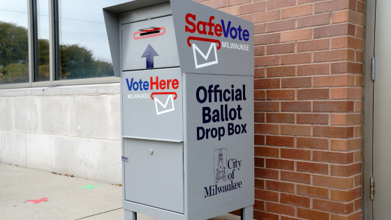 A SafeVote official ballot drop box for mail-in ballots is seen outside a polling site at the Milwaukee Public Library