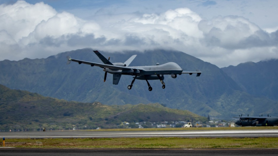 A U.S. Air Force MQ-9 Reaper, assigned to the 49th Wing, lands at Marine Corps Air Station Kaneohe Bay, Hawaii