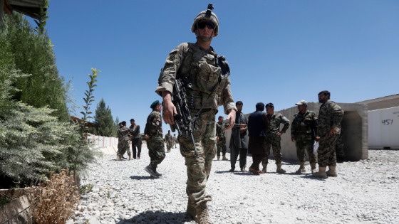 A U.S. soldier keeps watch at an Afghan National Army base in Logar province