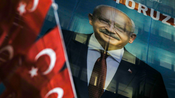 A banner with a portrait of Turkish presidential candidate Kemal Kilicdaroglu