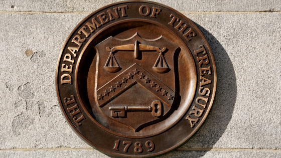 A bronze seal for the Department of the Treasury is shown at the U.S. Treasury building in Washington