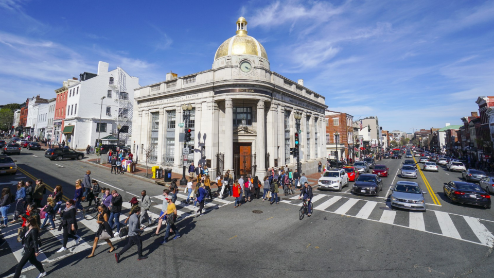 A busy intersection in the Georgetown neighborhood of Washington, D.C.