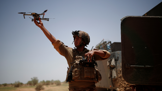 A drone operator from the French 2nd Foreign Engineer Regiment launches a drone during an area control operation