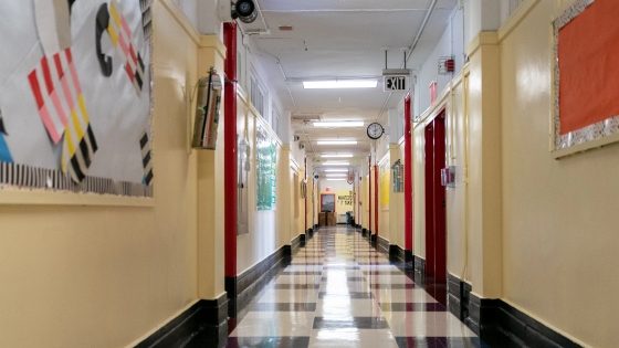 A hallway stands empty during a news conference at New Bridges Elementary School