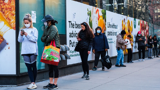 A long line outside of Whole Foods in Tribeca