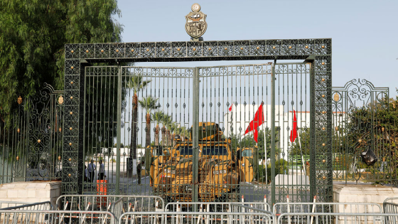 A military vehicle is pictured in front of the parliament building in Tunis