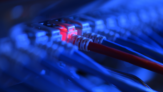 A network cable plug lights up red in the network control center of a company in Friedrichshafen, Germany