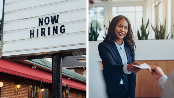 A now hiring sign and a hotel concierge