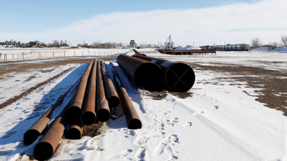 A supply depot servicing the Keystone XL crude oil pipeline lies idle in Oyen, Alberta, Canada