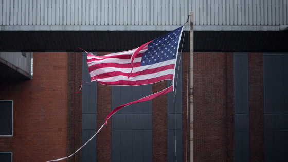 A tattered U.S. flag flies at the Con Edison Substation in Downtown Manhattan