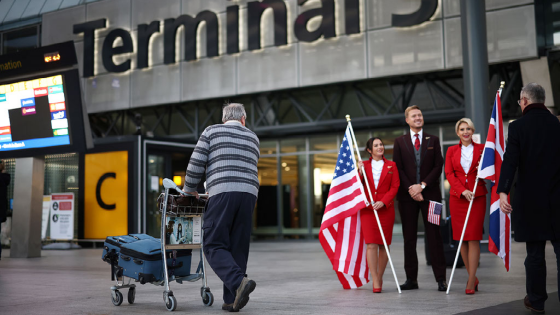 A traveller arrives at Heathrow Airport Terminal 3