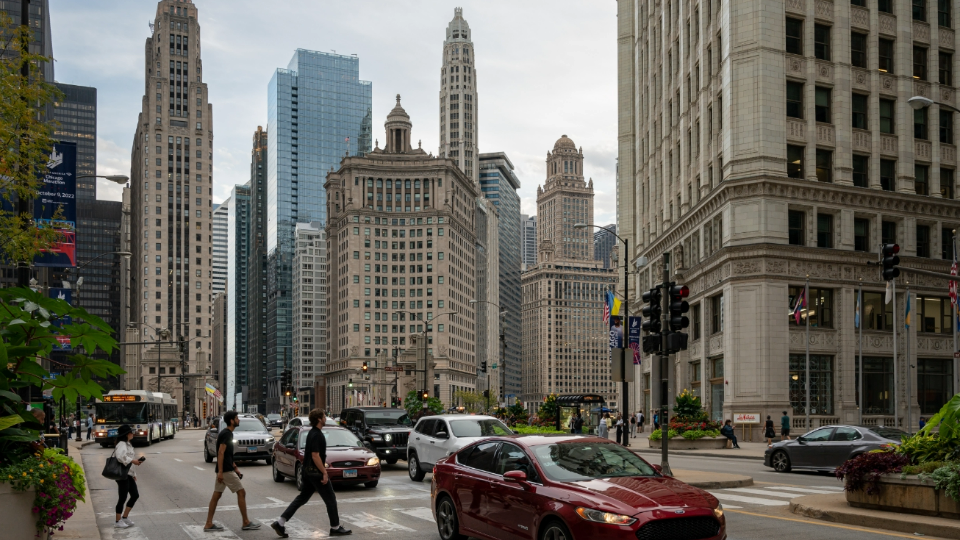 A view of a street in downtown Chicago