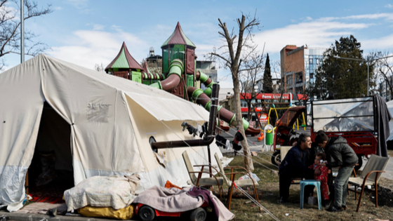 A view of a tent on a public park ground where Syrian refugees gathered after the earthquake in Turkey.