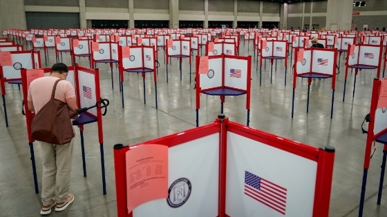 A voter completes his ballot on the day of the primary election in Louisville