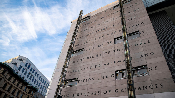 A wall stating the First Amendment of the U.S. Constitution is seen on the recently closed Newseum