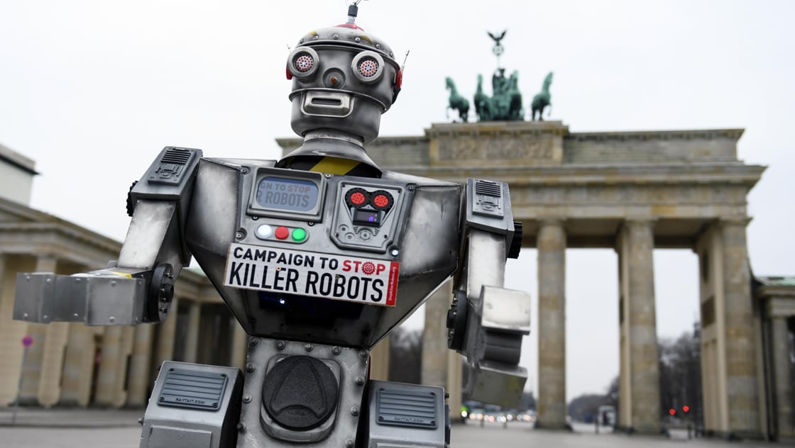 Activists from the Campaign to Stop Killer Robots, a coalition of non-governmental organisations opposing lethal autonomous weapons