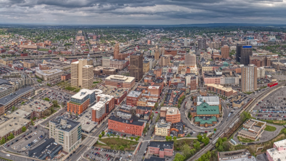 Aerial View of Syracuse, New York on cloudy day