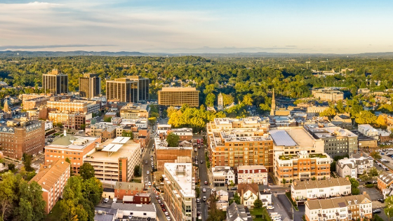 Aerial cityscape of Morristown, New Jersey.