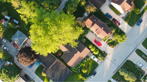 Aerial image of houses in neighborhood