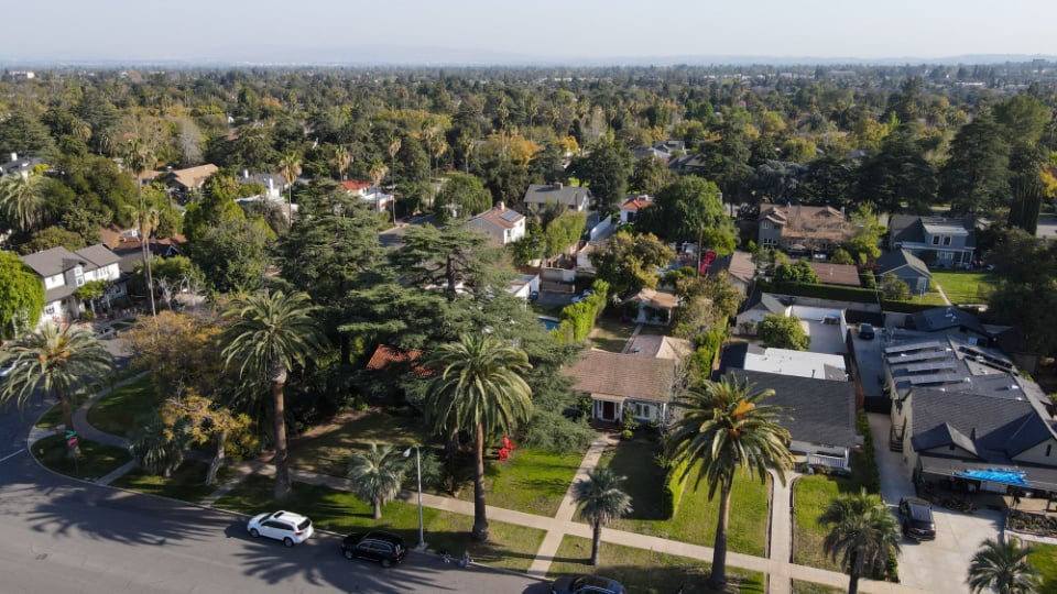 Aerial view above Pasadena neighborhood in northeast of downtown Los Angeles, California, USA