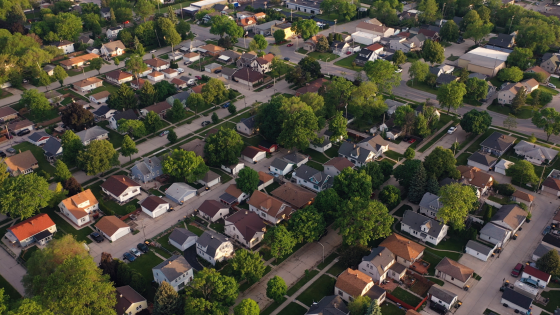 Aerial view of American suburb