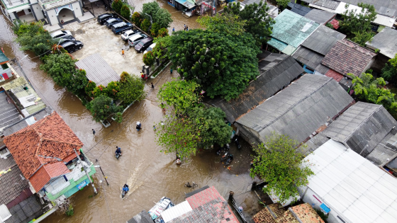 Aerial view of flooded neighborhood in Indonesia