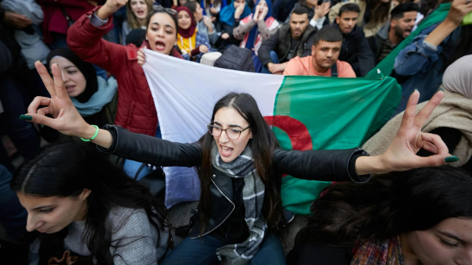 Algerian students shout slogans during an anti-government demonstration in the capital Algiers