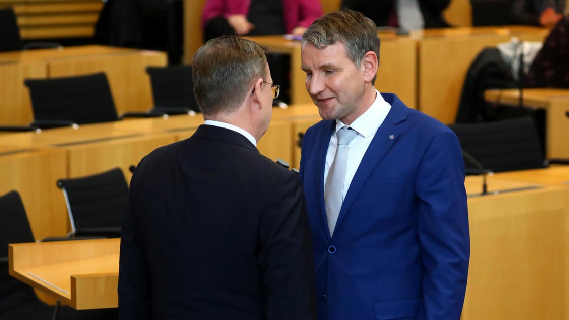 Alternative for Germany regional party leader Bjoern Hoecke talks to new elected Thuringia State Prime Minister Bodo Ramelow