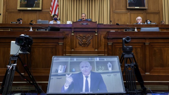 Amazon CEO Jeff Bezos testifies via video conference during a hearing of the House Judiciary Subcommittee