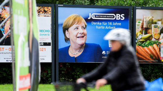 An advertisement showing German Chancellor Angela Merkel with a slogan thanking her for her service