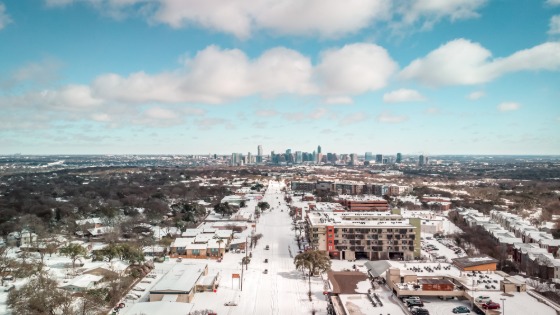 An aerial drone photo of South Lamar Boulevard in Austin