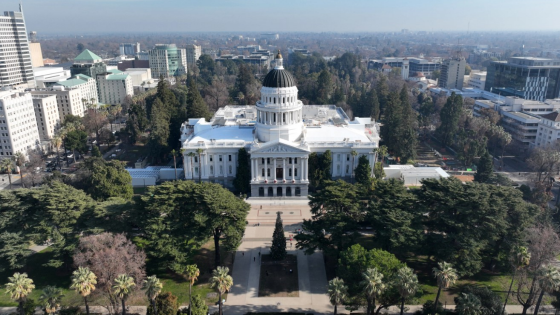 An aerial view of the California State Capitol building