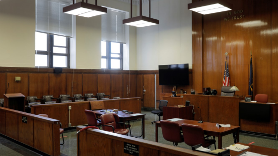 An empty courtroom is seen at the New York State Supreme Court in Manhattan