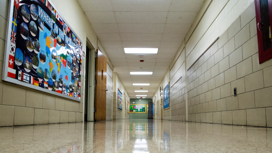 An empty hallway is pictured at Heather Hills Elementary School