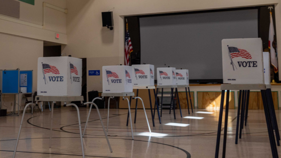 An empty polling place is set for voters to come and vote for the 2022 California Primary elections