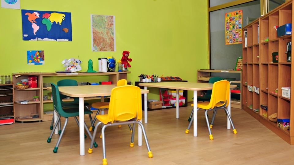 An empty pre-K classroom.