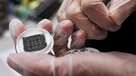 An engineer holds a chip while posing for a photo