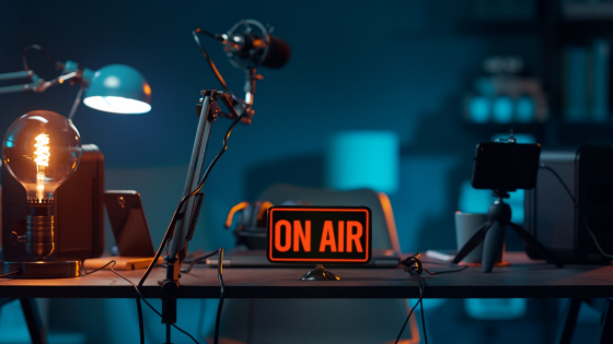 An on air sign illuminates a recording studio