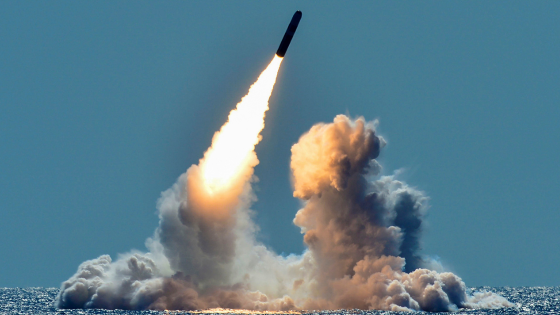 An unarmed Trident II D5 missile is test-launched from the Ohio-class U.S. Navy ballistic missile submarine USS Nebraska off the coast of California