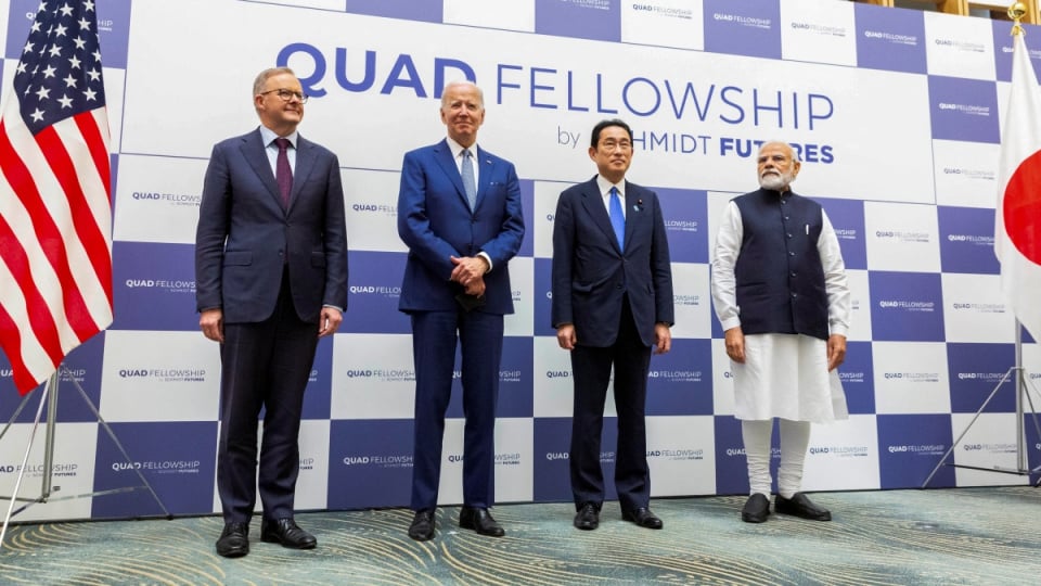 Anthony Albanese, Joe Biden, Fumio Kishida and Narendra Modi attend the Japan-U.S.-Australia-India Fellowship Founding Celebration.